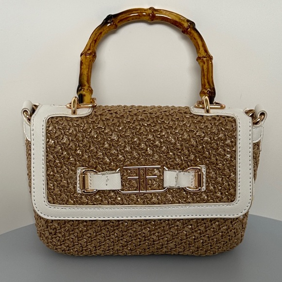 Studio F Handbags - Studio F Chic Tan and White Satchel with Bamboo Handle